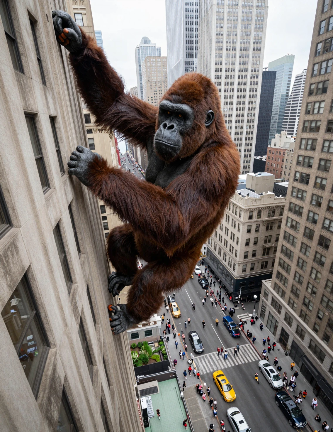 Gorila gigante escalando un rascacielos sobre calles abarrotadas