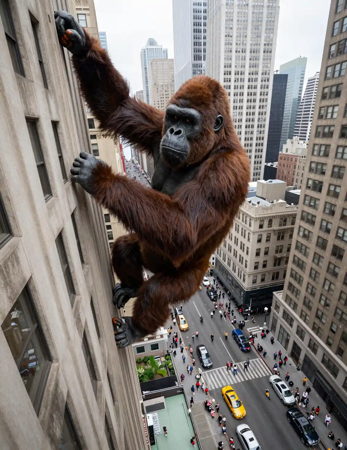 Gorila gigante escalando un rascacielos sobre calles abarrotadas