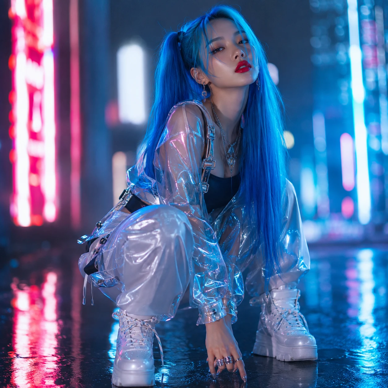 Retrato de moda futurista de una mujer con coletas azul eléctrico