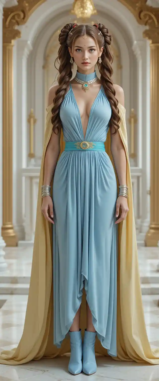 Joven diosa sonriente con vestido azul en palacio dorado