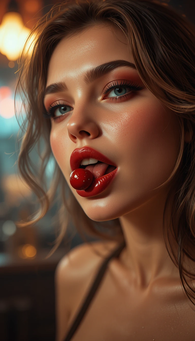 Mujer sensual sosteniendo una cereza entre los labios entreabiertos
