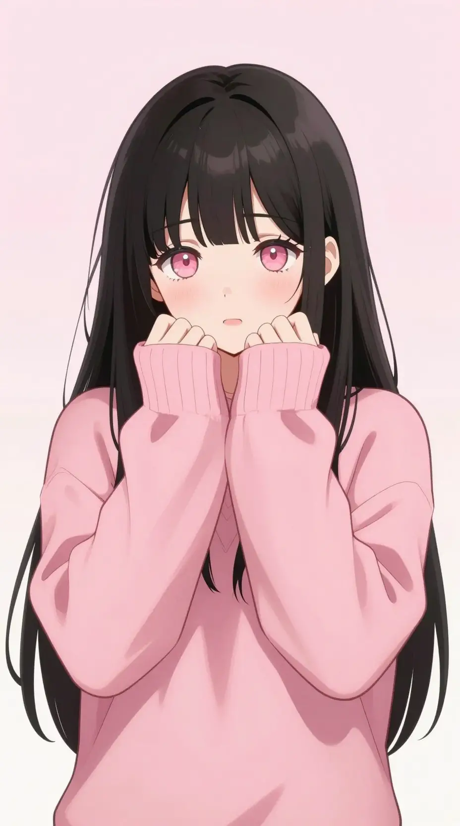 Shy anime girl in blush pink sweater on soft pastel background