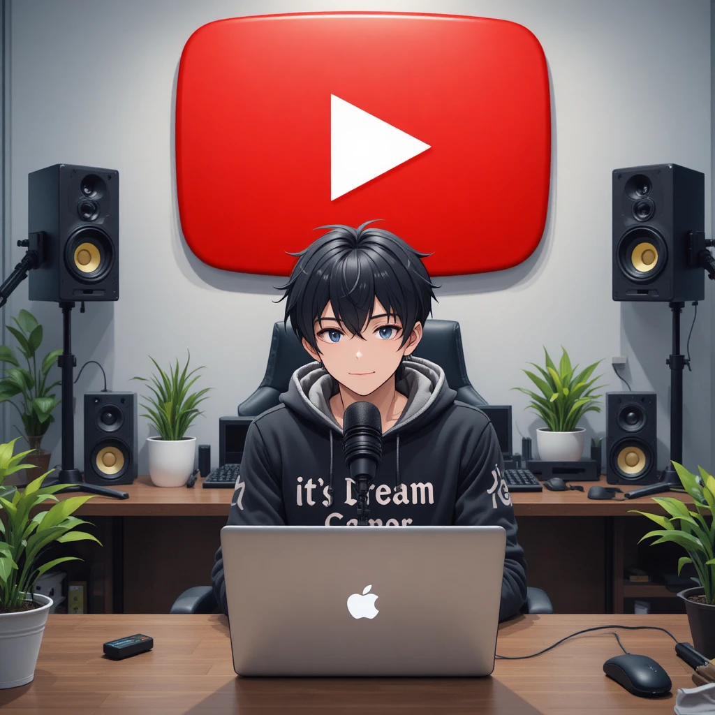 Garoto anime streamer em mesa de computador com microfone
