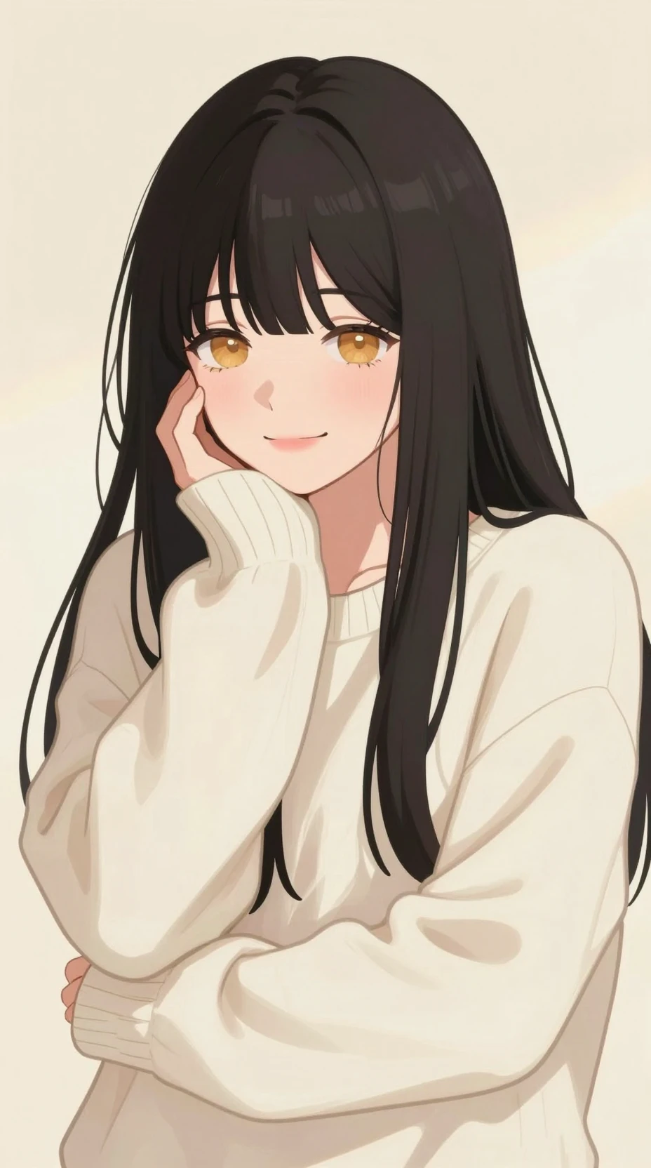 アイボリーのセーターを着た優しい琥珀色の瞳のアニメ少女