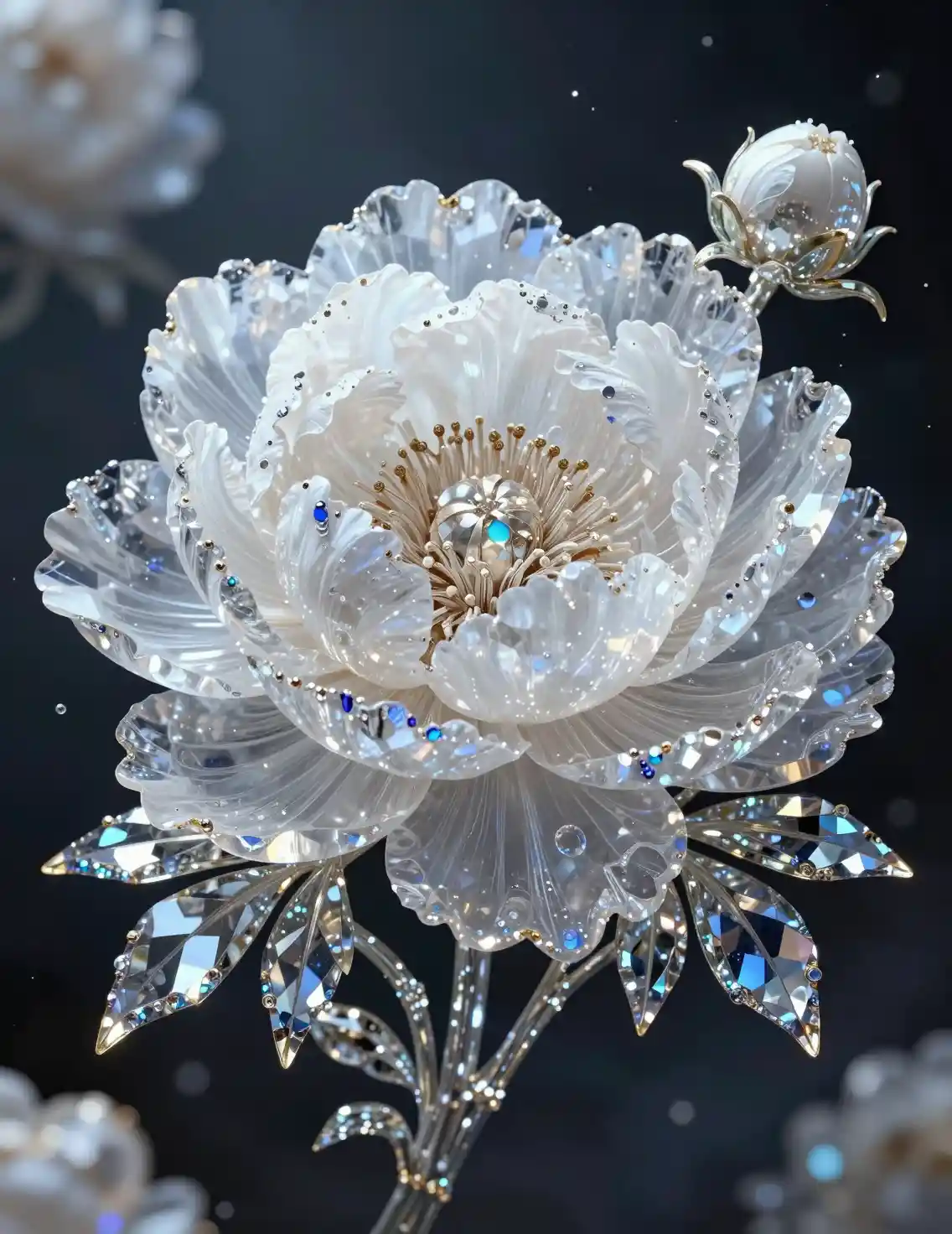 Flor de peonía blanca cristalina con detalles iridiscentes y reflectantes