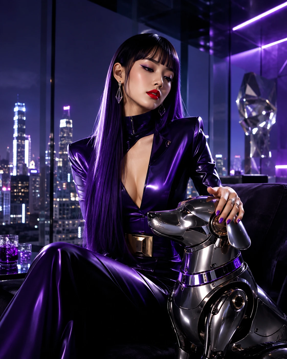 Mujer de moda futurista con perro robot en ático de la ciudad