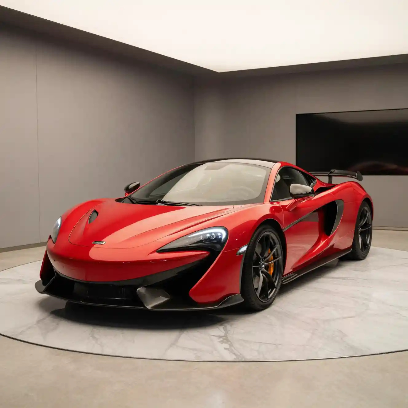 Supercar rossa in un moderno showroom di lusso con pavimento in marmo