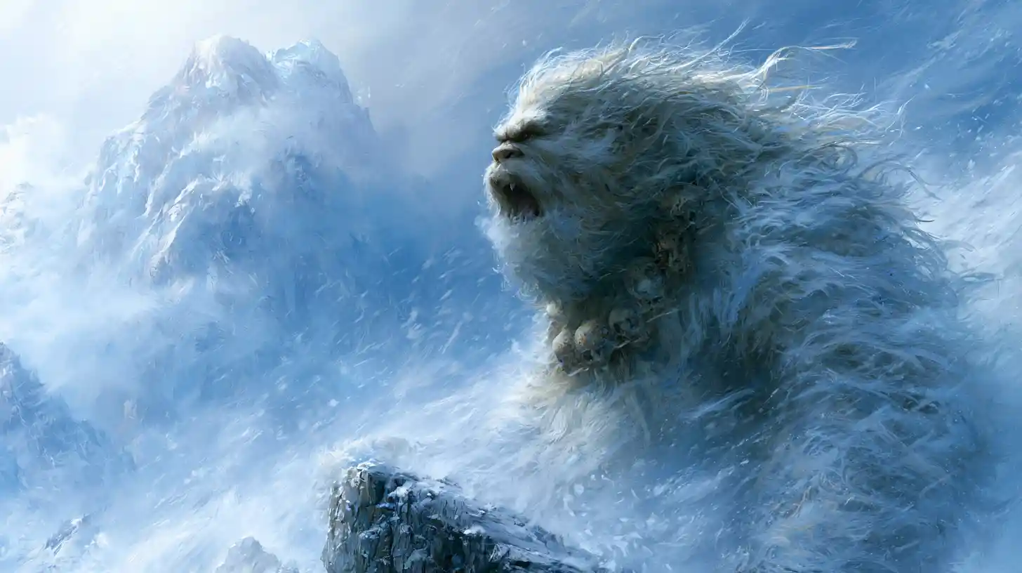 暴風雪中站在喜馬拉雅山峰咆哮的雪人