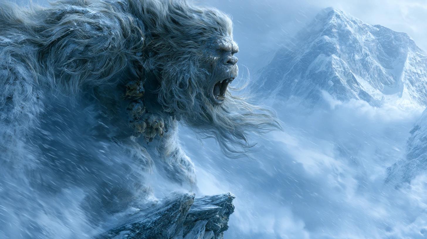 Yeti rugiendo en un pico nevado del Himalaya