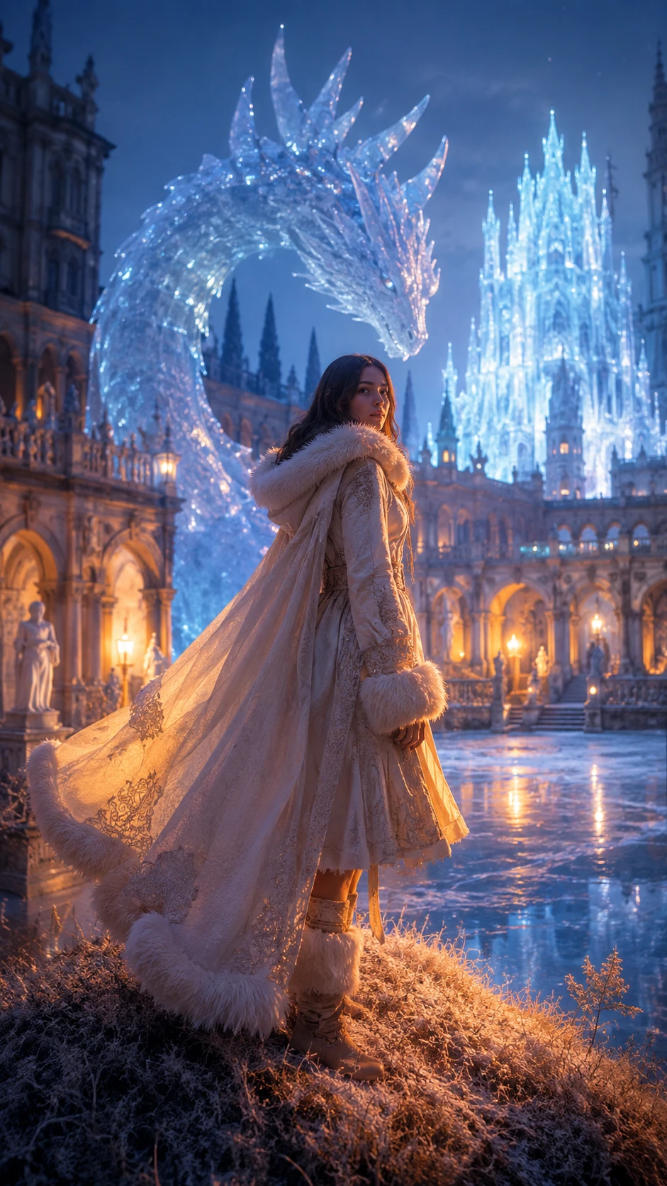 Joven sobre colina invernal surreal en patio italiano
