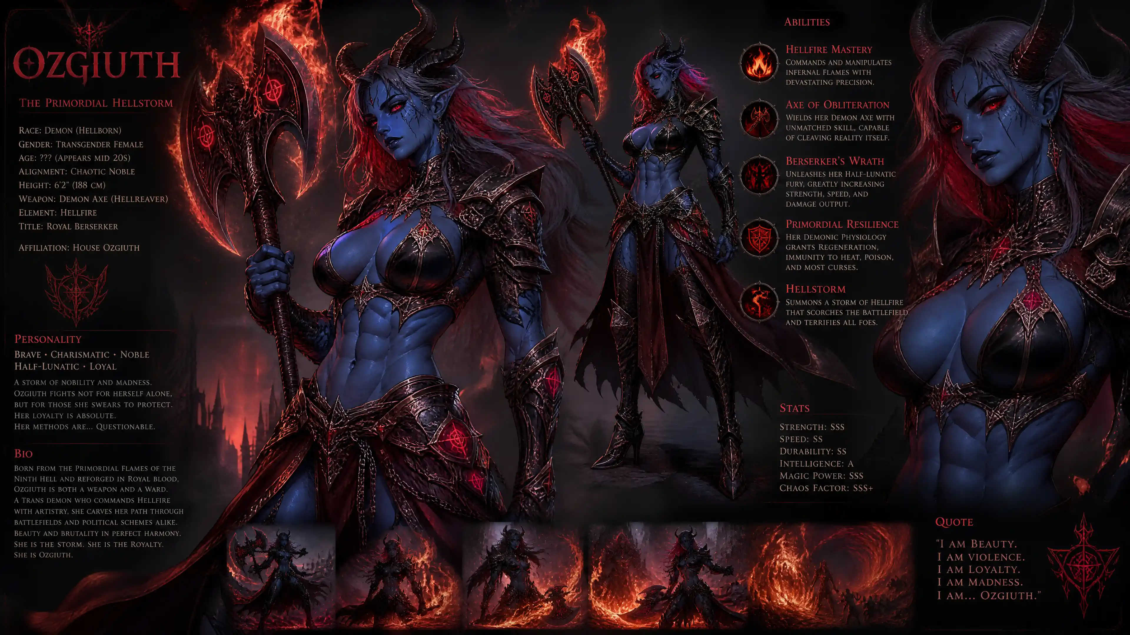 Guerrera demonio azul con armadura real de berserker