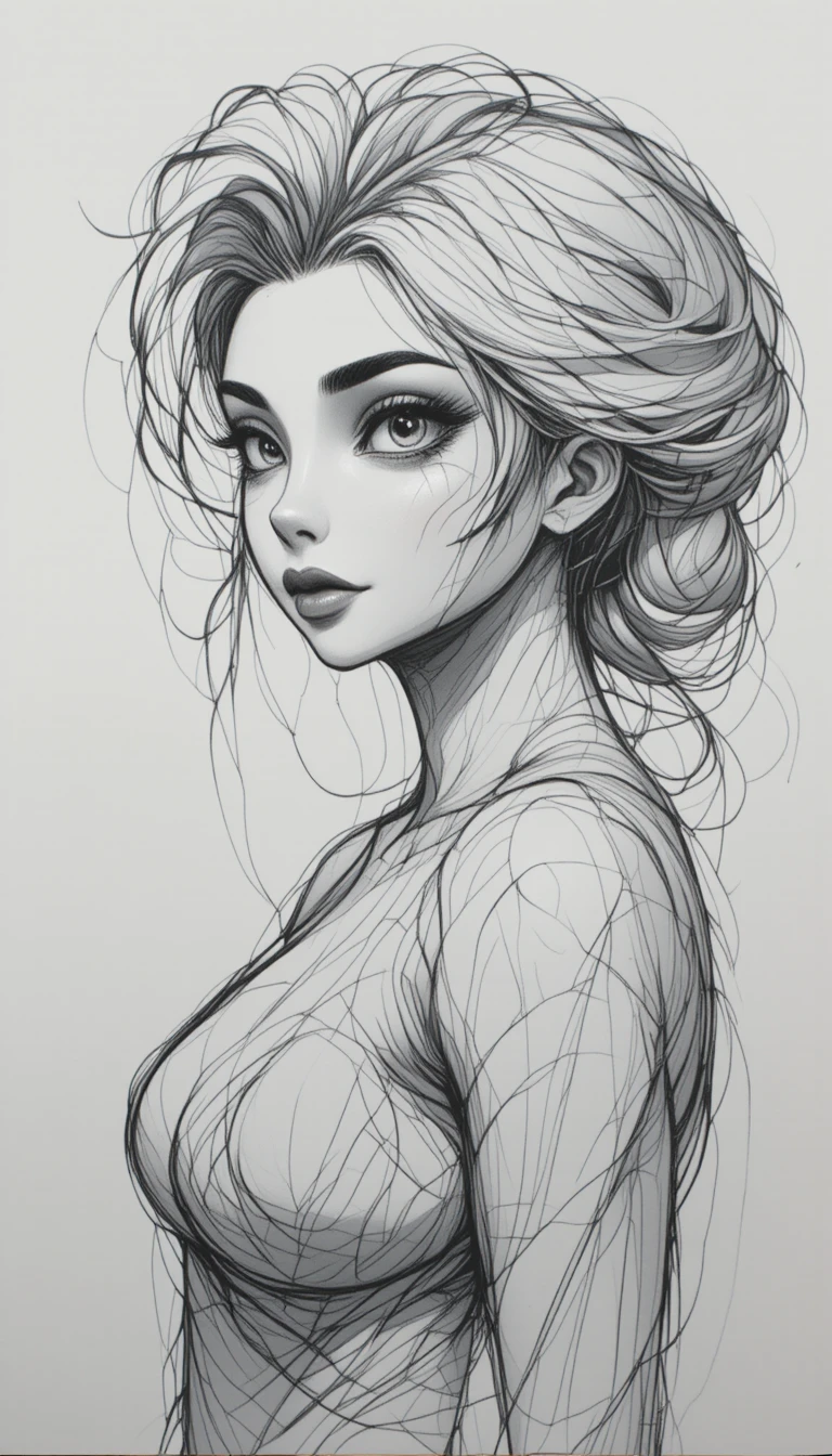 Detailed black and white pencil sketch with clean contours