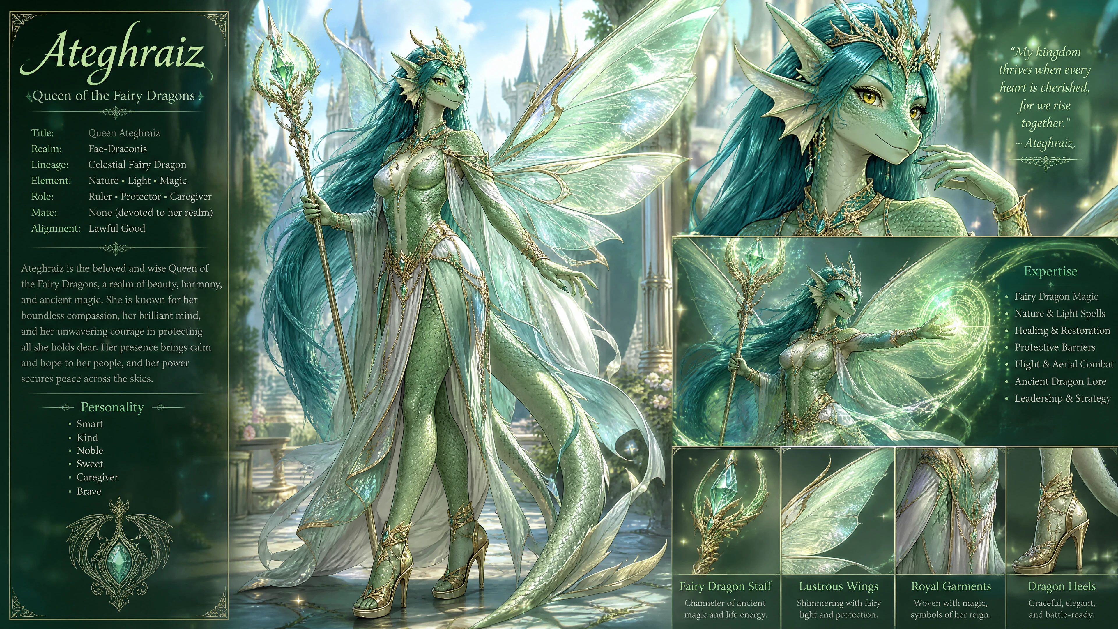 Reina hada dragón regia con alas luminosas y bastón