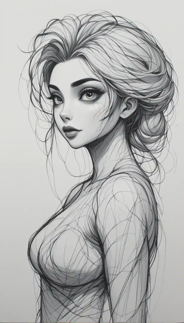 Detailed black and white pencil sketch with clean contours