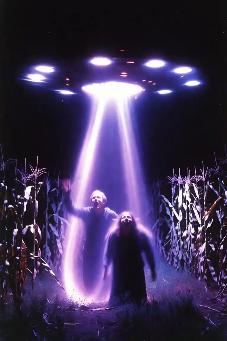 Alien-Entführung über unheimlichen violetten Lichtern in einem Maisfeld
