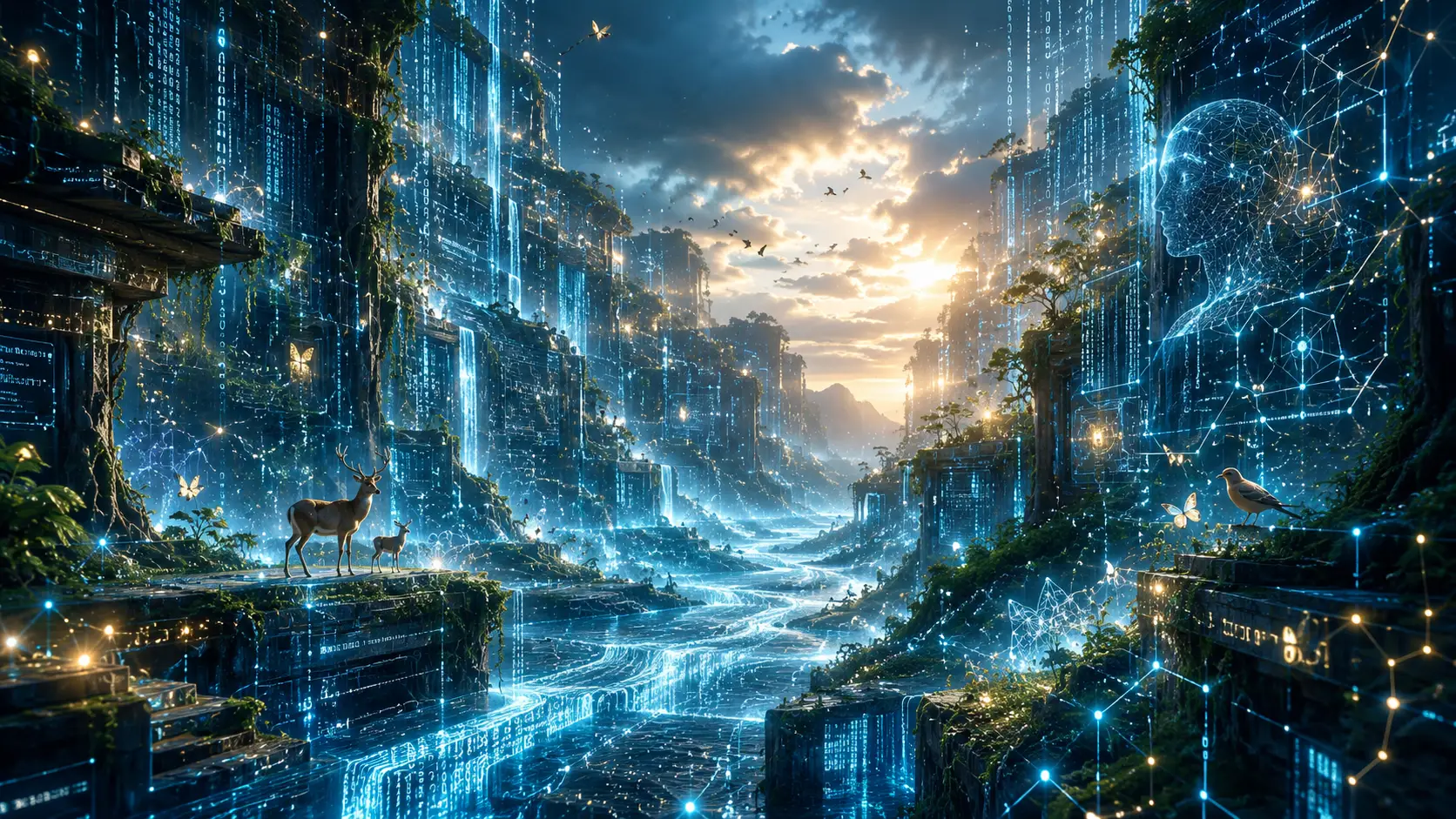 Épico paisaje de cañón digital de datos y enredaderas vivas