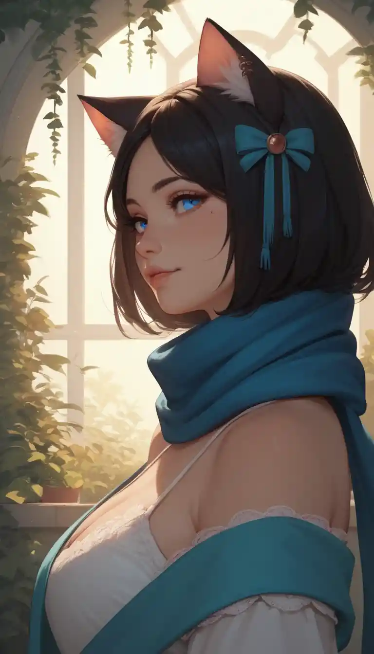 Primer plano de chica anime con orejas de gato y ojos azules