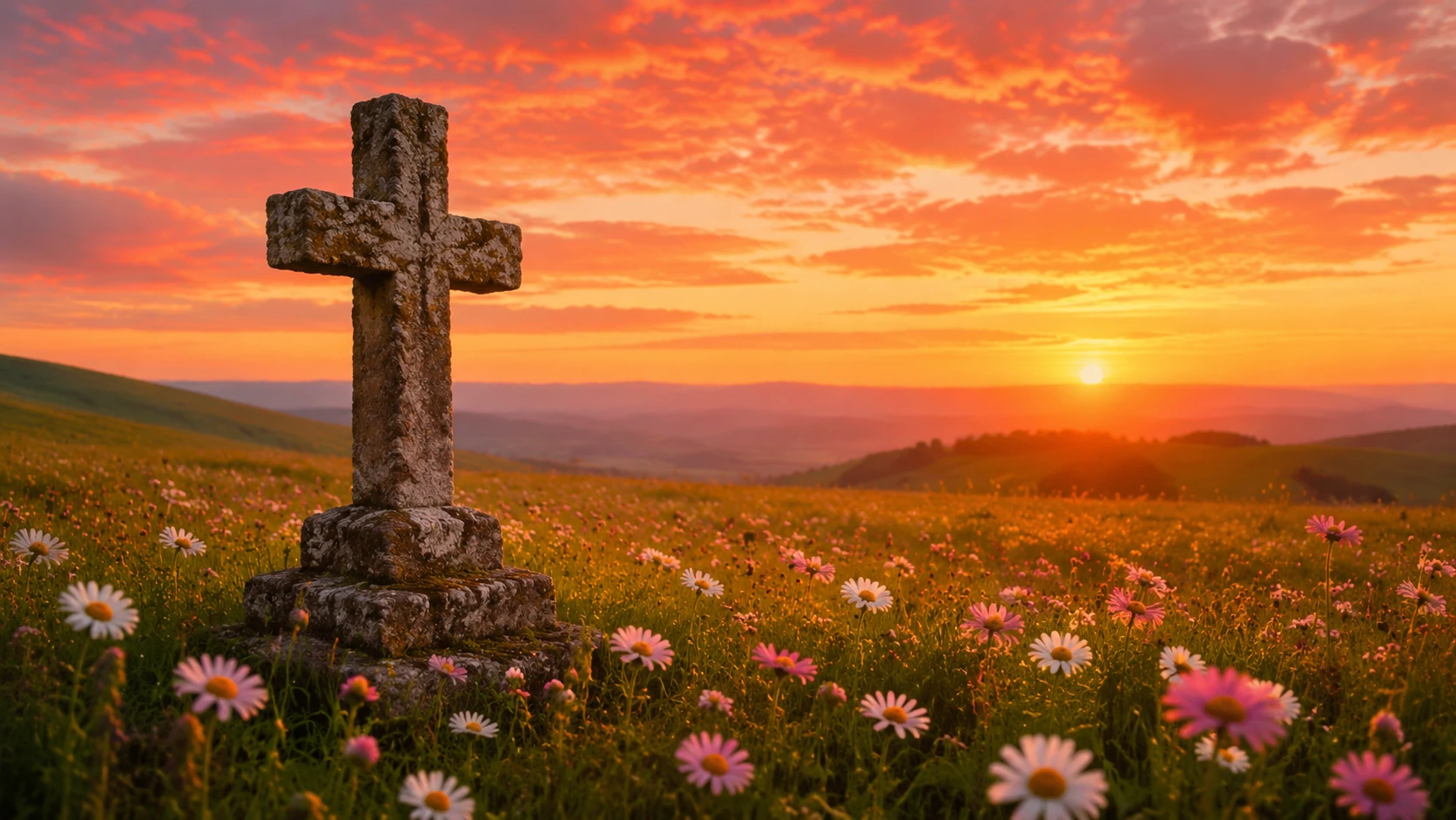 Ancienne croix de pierre dans un pré au coucher de soleil doré