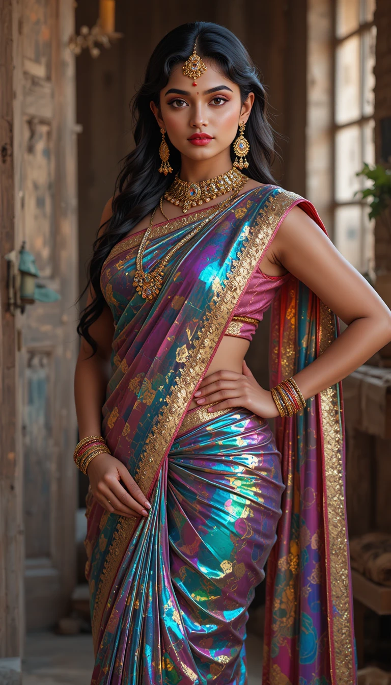 Mujer india con sari de espejo brillante en pose de cuerpo entero