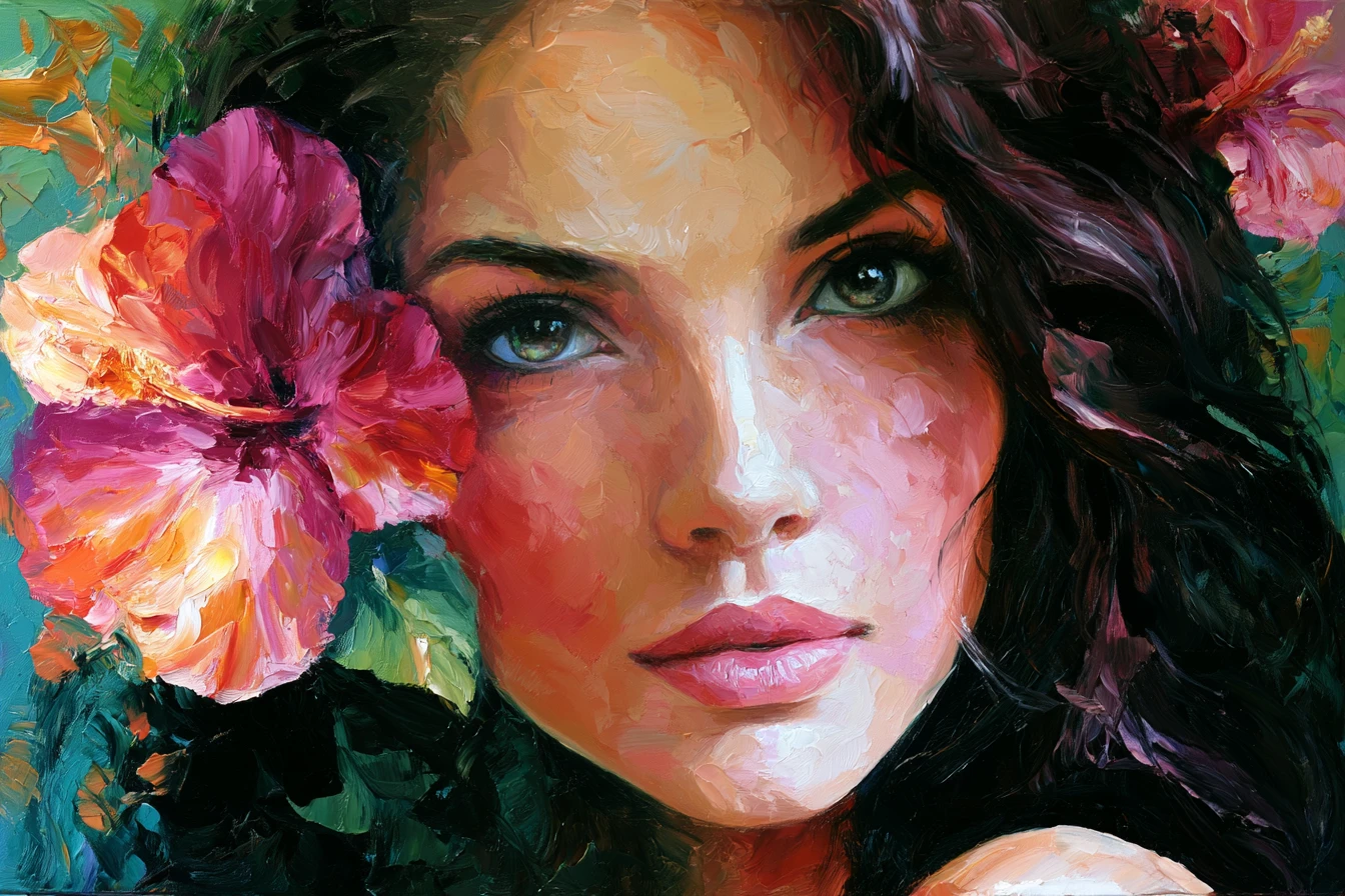 Primer plano de rostro femenino con flor de hibisco en el cabello