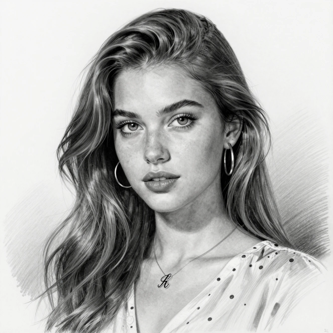 Retrato en grafito de una joven con el cabello ondulado