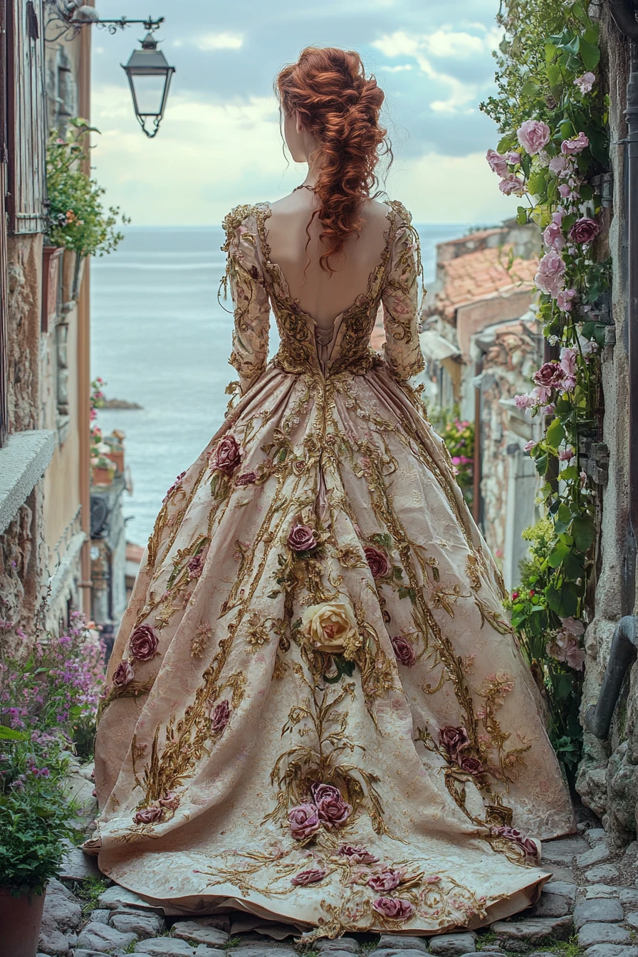 Mujer elegante con vestido barroco en una calle costera adoquinada