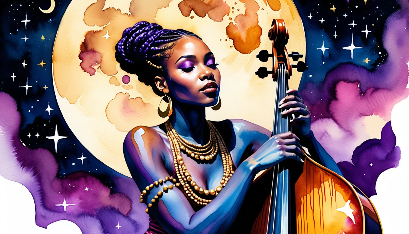 Mujer negra tocando contrabajo bajo una luna morada