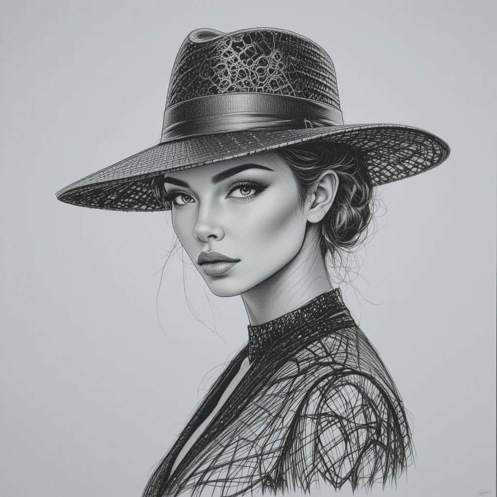 Elegante retrato a lápiz de una mujer segura de sí misma con sombrero fedora