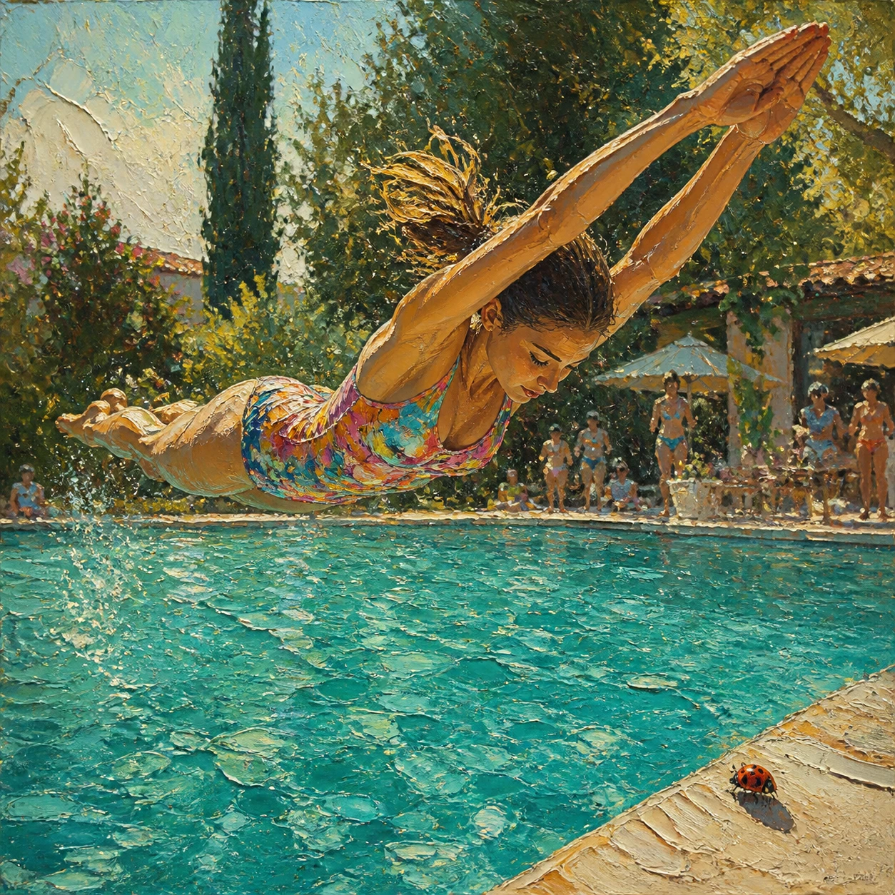 Niña zambulléndose en una piscina turquesa en pintura al óleo texturizada