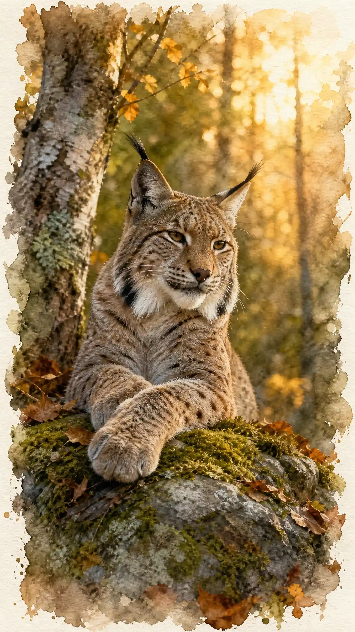 Lince euroasiático descansando sobre roca musgosa en bosque dorado