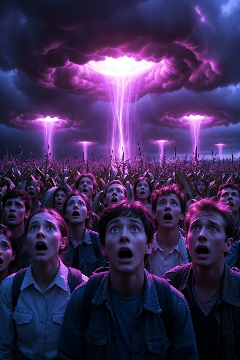 Alien abduction in a dark rural cornfield with violet glow