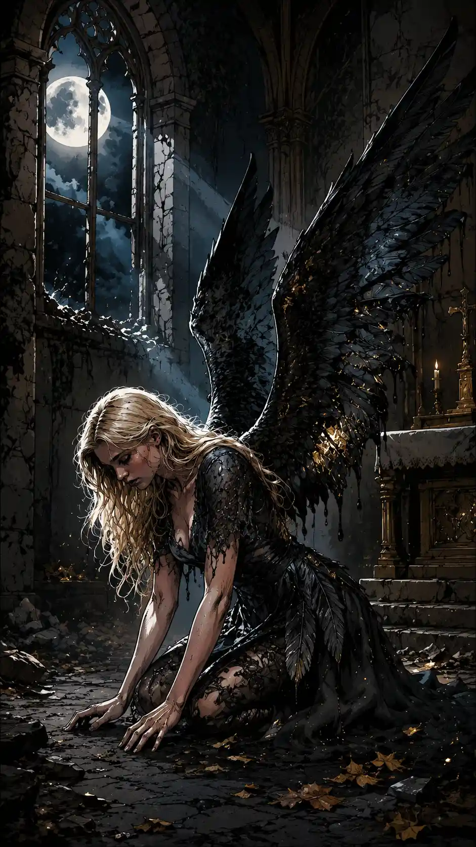 Illustrazione a fumetti dark fantasy con personaggio in silhouette inchiostrata e decisa