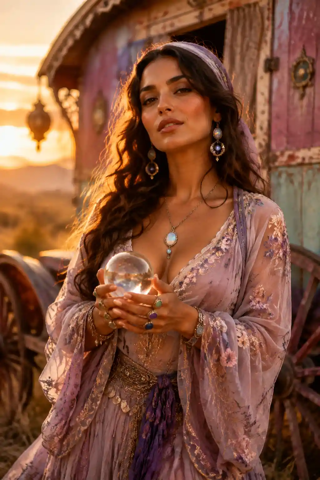 Serena incantatrice gitana accanto a una carrozza vintage pastello