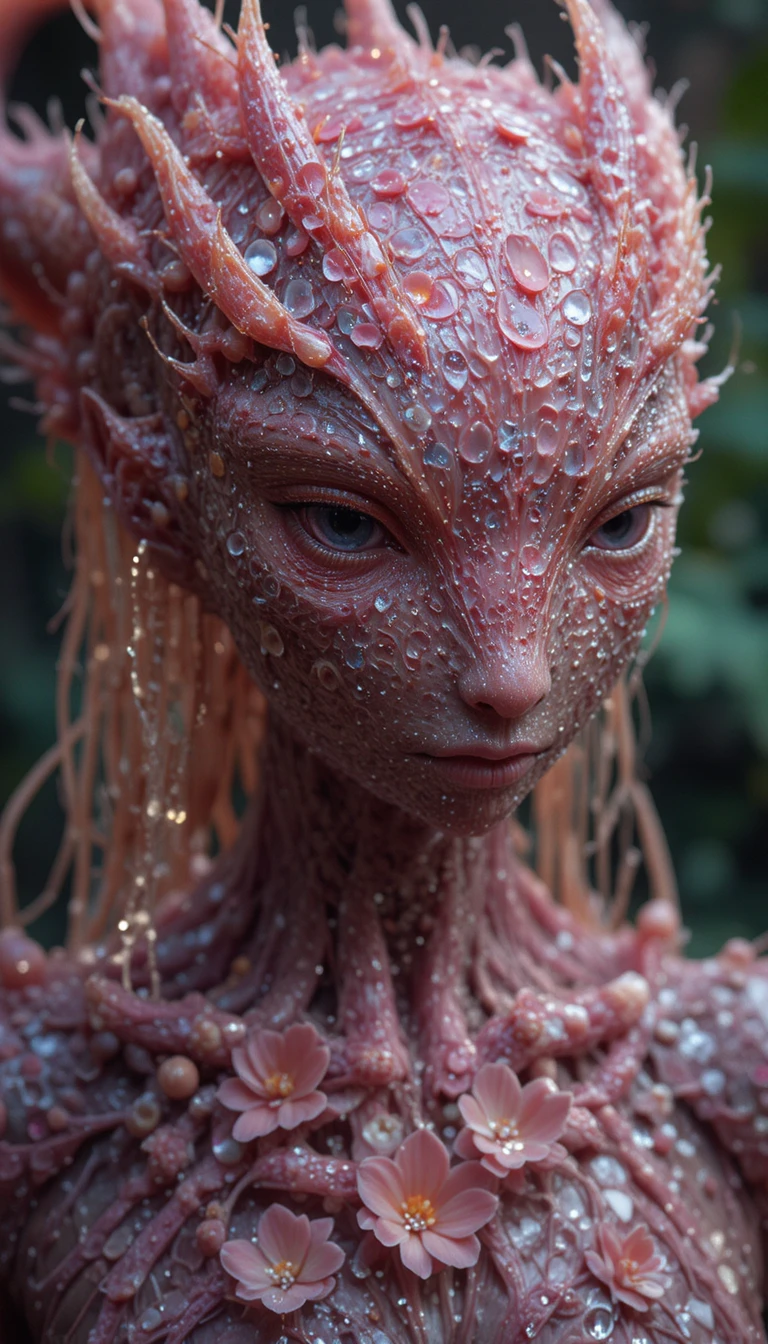 Alien rodeado de zarcillos brillantes en forma de pétalos que salen del suelo