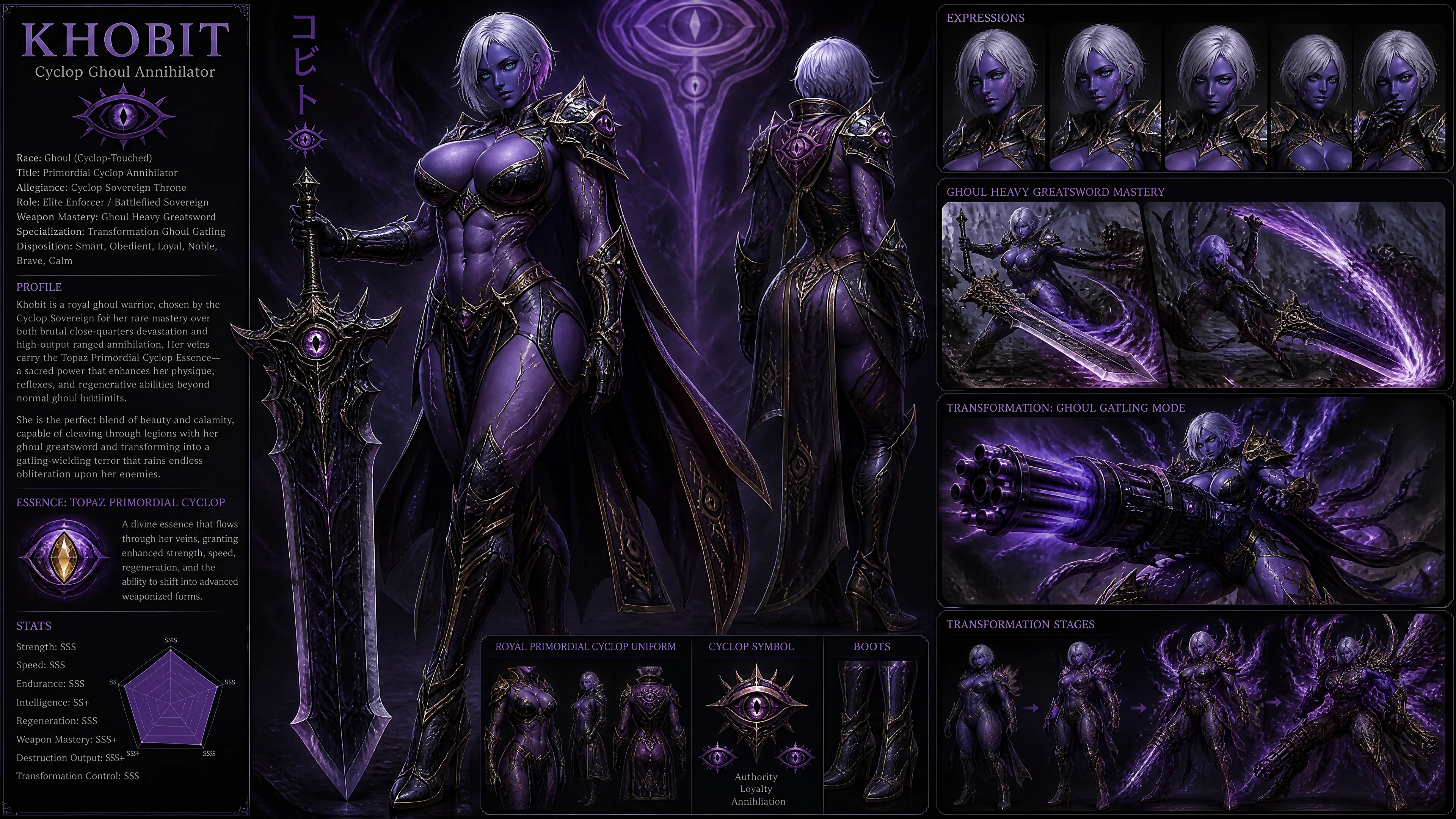Guerrera ghoul morada con gran espada en uniforme
