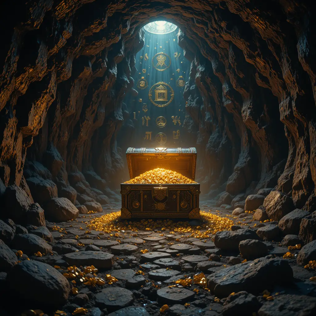 Glowing treasure chest illuminating ancient cave walls
