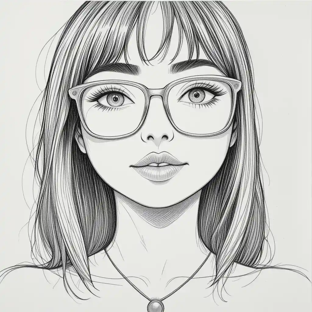 Retrato em esboço a lápis de uma garota com óculos e cabelo longo