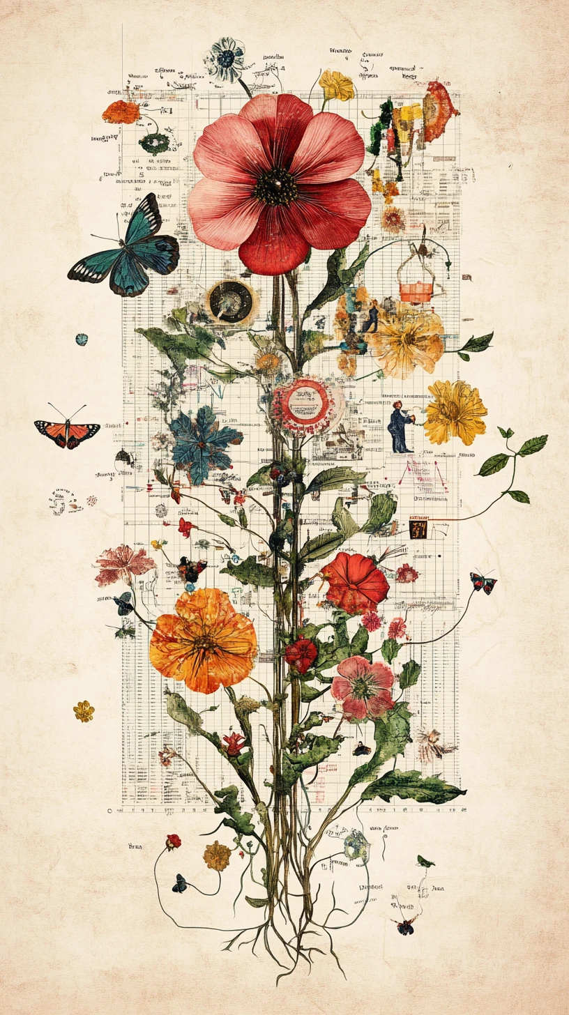 Fiori botanici che si fondono con dashboard di dati astratti