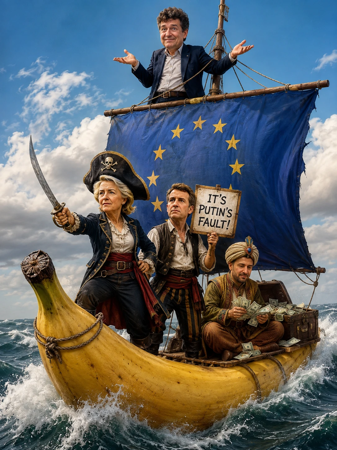 Líderes caricaturizados navegando en un barco-banana sobre olas agitadas
