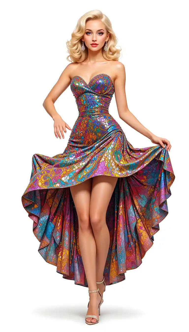 Mujer rubia glamurosa posando con vestido de cóctel metálico