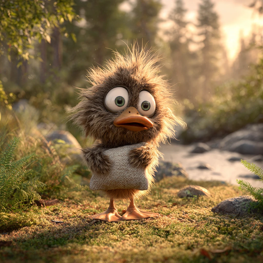 Cute 3D duckling hugging a pillow in sunny forest