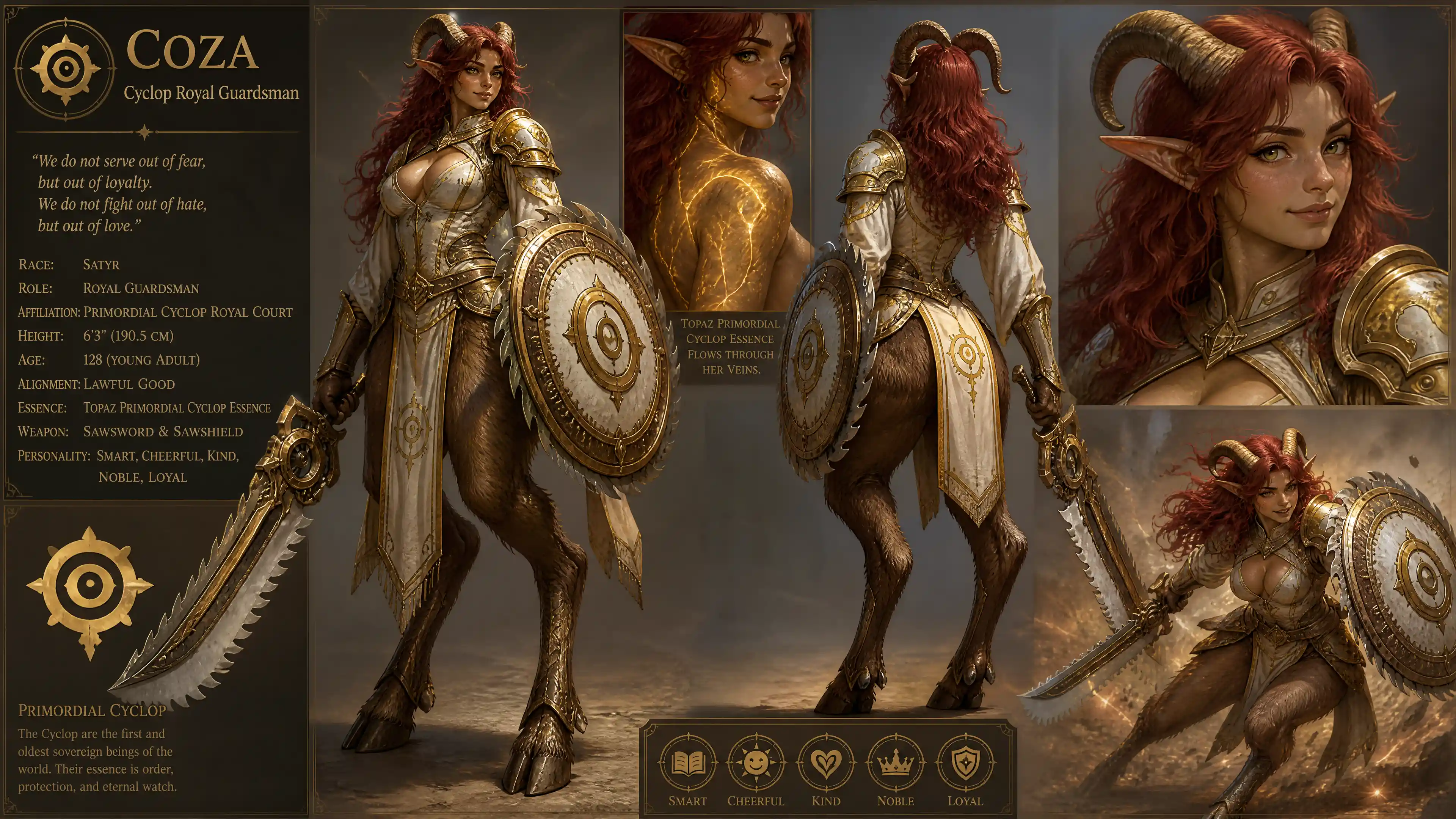 Cheerful female satyr warrior in royal guard uniform