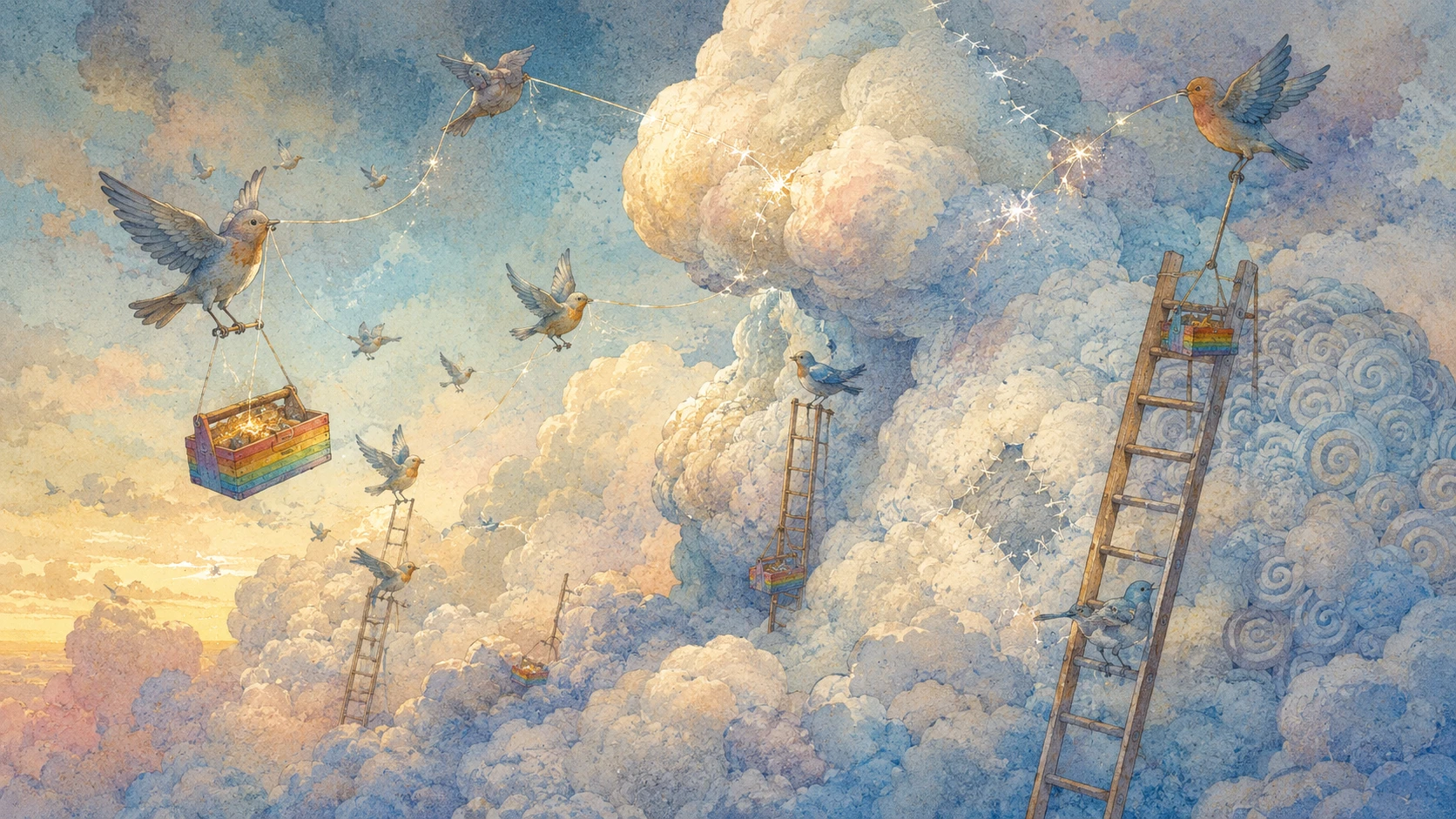 Minúsculos pájaros reparan gigantescas nubes brillantes en el cielo