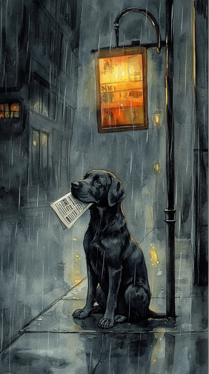 Cachorro labrador negro esperando en una parada de autobús en una calle lluviosa