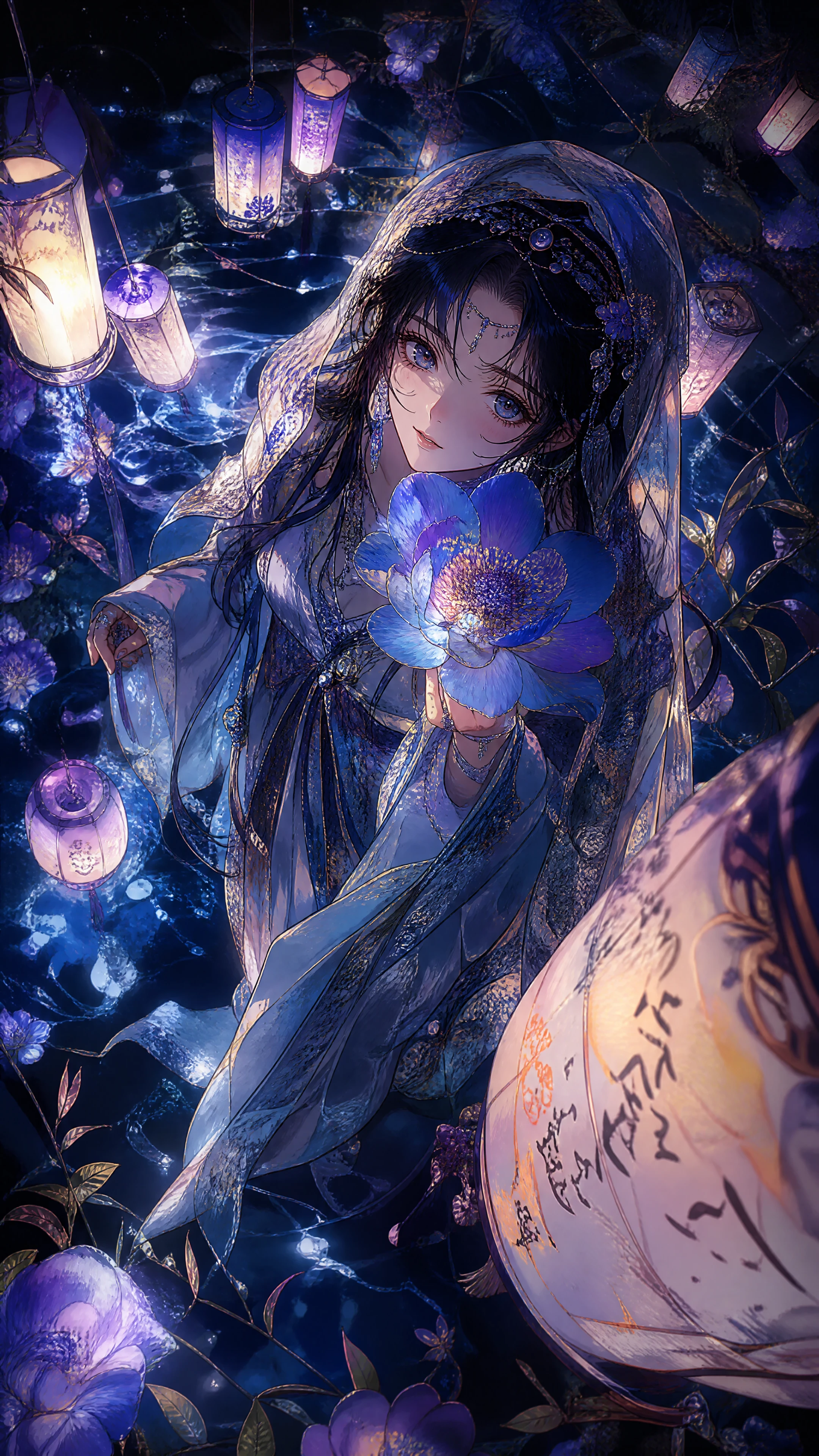 Chica de anime con flor luminosa entre luces de faroles flotantes