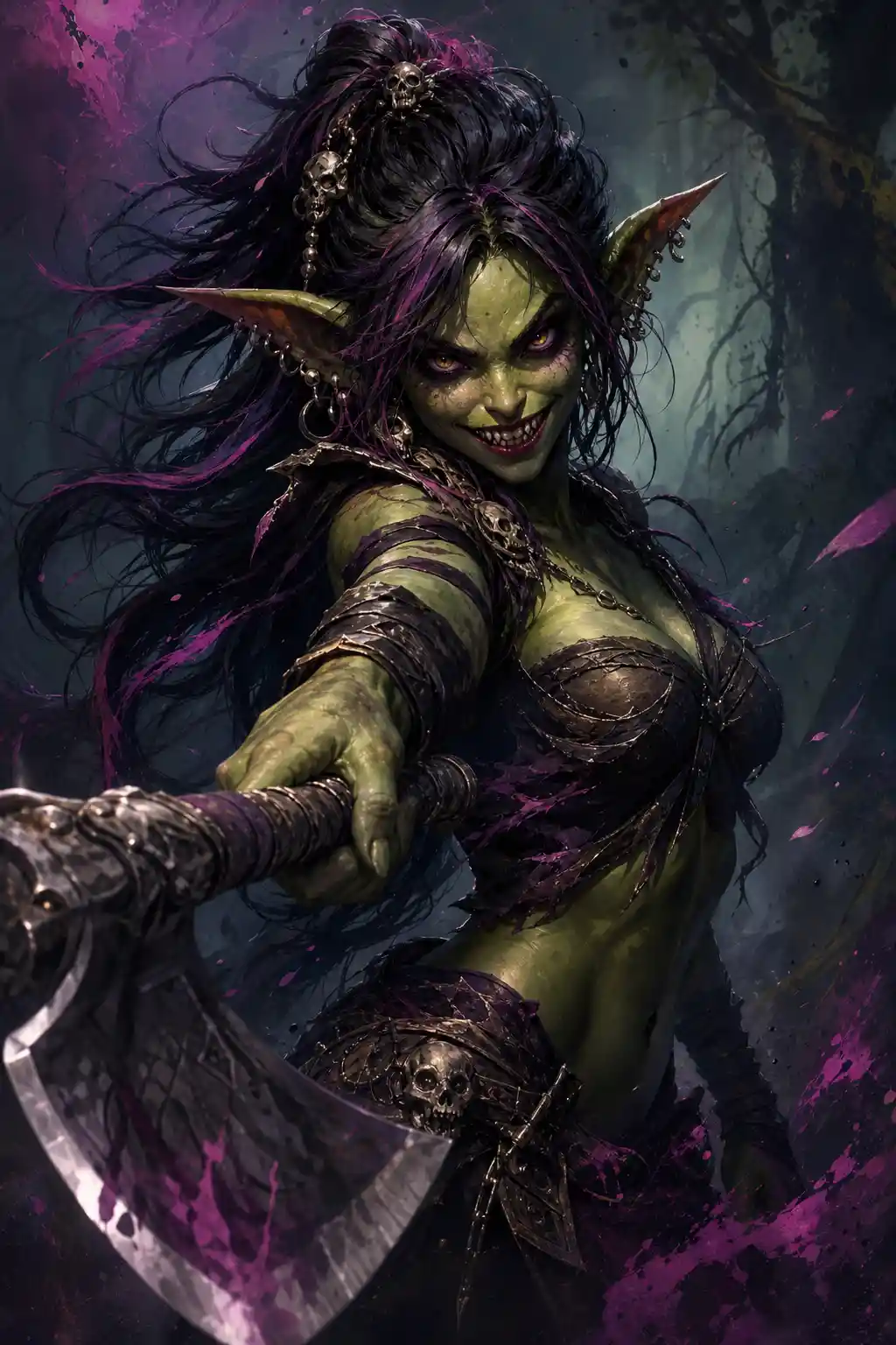 Gothic goblin warrior woman in a mystical forest