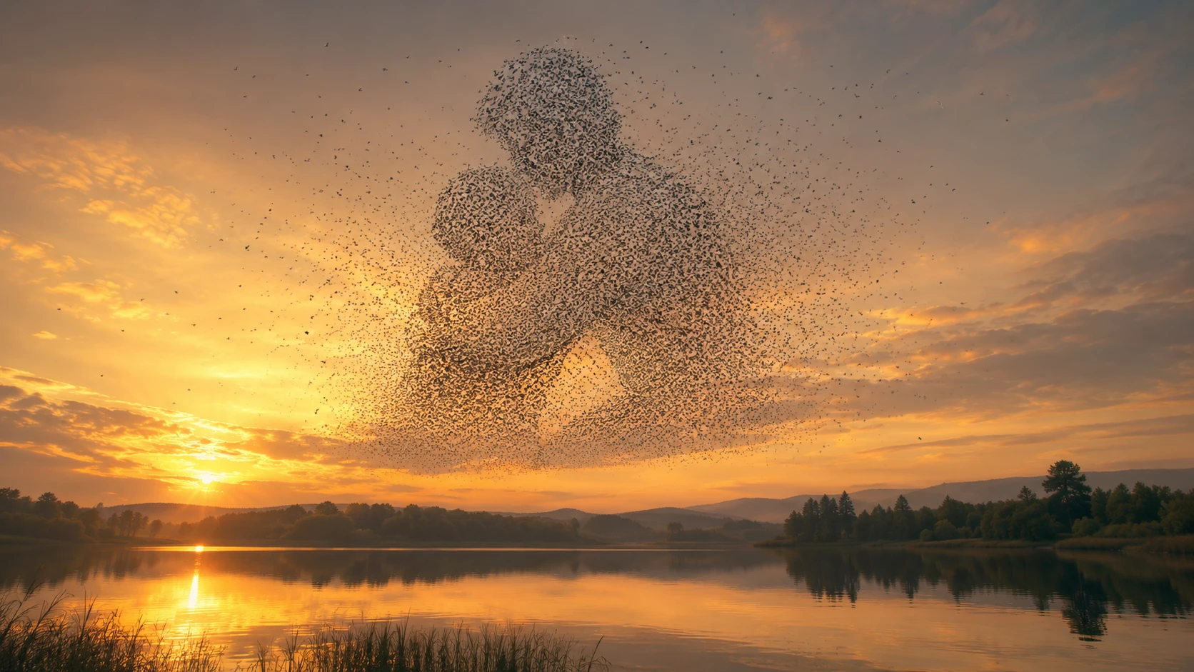 Enorme bandada de pájaros formando una silueta lejana de abrazo