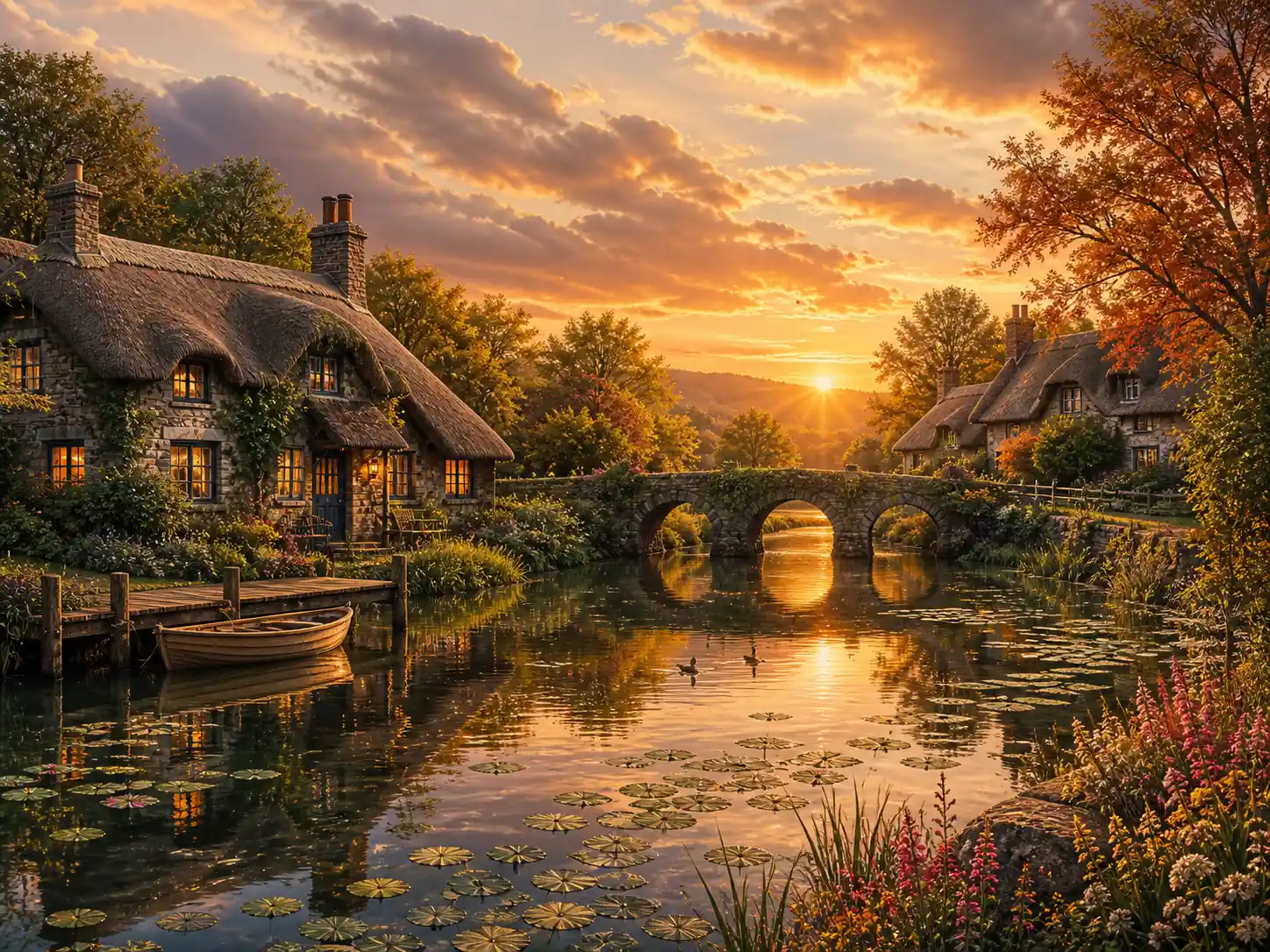 Cabañas con techo de paja junto a un lago tranquilo al atardecer dorado