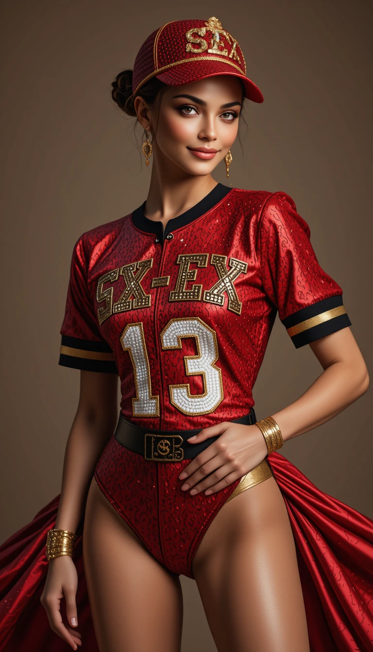 Reina de belleza glamurosa en una audaz pose de moda deportiva couture