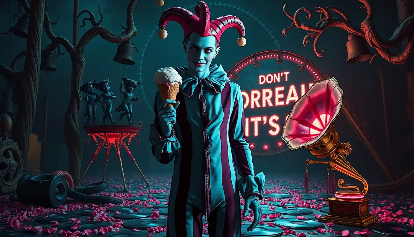 Androgynous harlequin in neon light at a decaying carnival